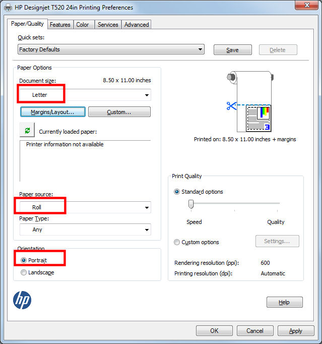HP T520 Printing Preferences Window