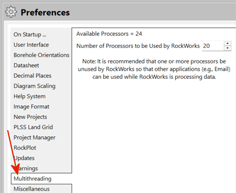 RockWorks setup preference multi thread processor