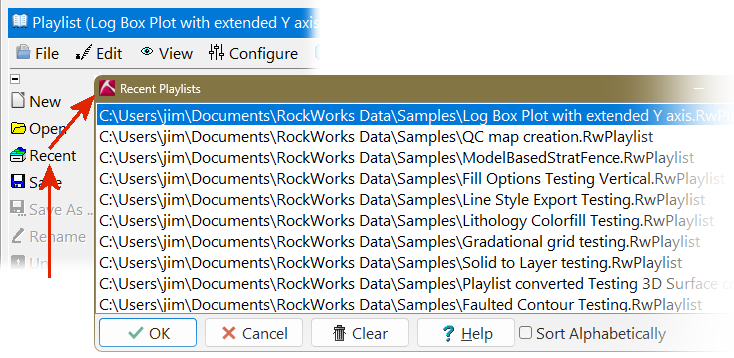RockWorks playlist recent file