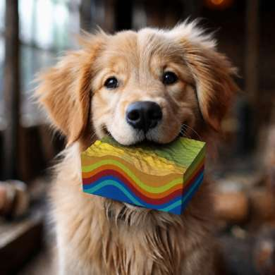 Golden retriever puppy holding a colorful layered model
